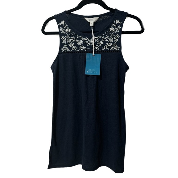 MARKET & SPRUCE STITCH FIX Linen Blend Tank Top Embroidered Blouse Sz XS/S Navy - Picture 3 of 9